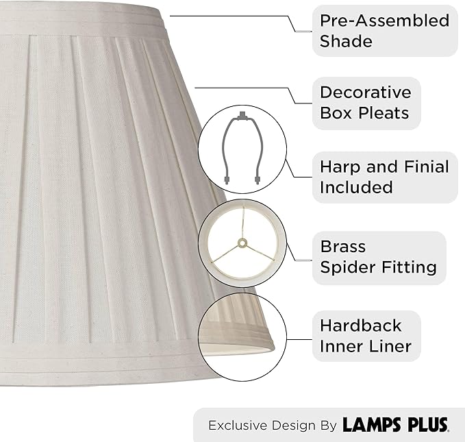 Set of 2 Creme Linen Box Pleated Large Drum Lamp Shades 7" Top x 14" Bottom x 11" High (Spider) Replacement with Harp and Finial - Springcrest