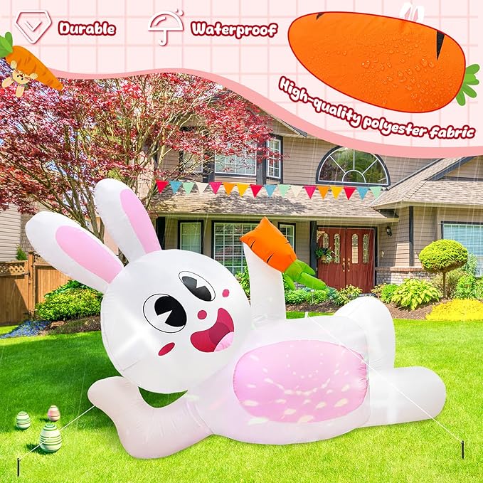 OurWarm 8FT Easter Inflatables Outdoor Decorations, Lying Inflatable Easter Bunny Decor, Easter Bunny Blow up Inflatable with LED Lights, Easter Blow Ups for Outside Holiday Roof Lawn Yard Decor