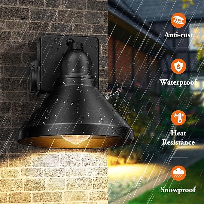Brightever Motion Sensor Outdoor Wall Lights, Dusk to Dawn Porch Lights Outdoor Wall Sconces, Exterior Barn Lighting Fixtures with Outlet, Black Outside Lights for House, 2-Pack