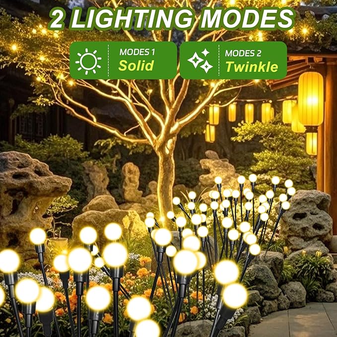 8 Packs Solar Firefly Lights, 64 LED Warm Solar Walkway Lights Outdoor, Waterproof Swaying Light Garden Decor with 2 Modes, Lawn Light for Front Yard Backyard Yard and Pathway