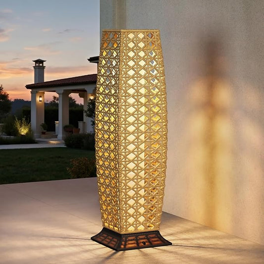 Grand patio Outdoor Floor Lamp Solar Lantern, Water-Resistant Natural Wicker Boho Patio Light with 50/100 Lumens Dual Brightness & Memory Mode for Garden Porch Deck Decor, Large Diamond Natural