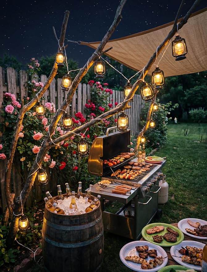 8.5Ft Black Mini Kerosene String Lights, Vintage Fairy Decorative Lights with 10 Mini Black Kerosene Lights, Connectable Outdoor Lantern Christmas Light for Bedroom Camping Wedding Garden Holiday