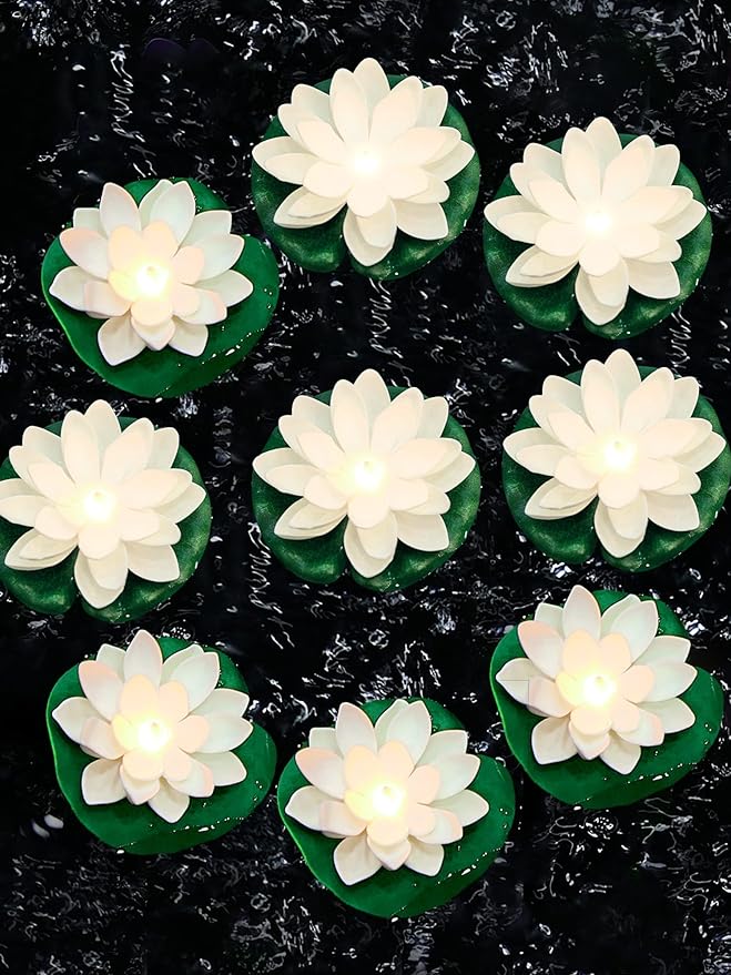 Hortsun 9 Pcs Floating Lotus Lights with Batteries Lily Pads Pool Flowers Floating Candles Decor Artificial Pond Plants Decorations for Pool Pond Outdoor Indoor (White,Yellow Light,3.94 Inch)