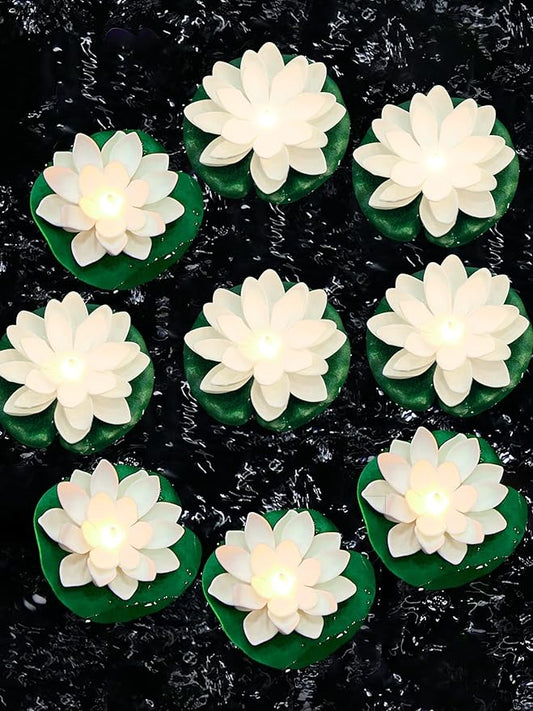 Hortsun 9 Pcs Floating Lotus Lights with Batteries Lily Pads Pool Flowers Floating Candles Decor Artificial Pond Plants Decorations for Pool Pond Outdoor Indoor (White,Yellow Light,3.94 Inch)
