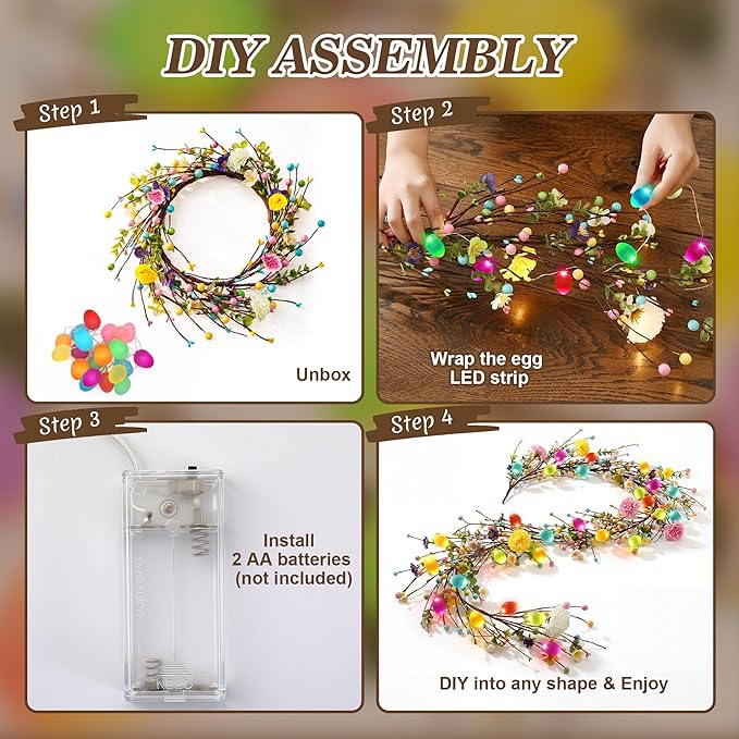 Enhon 6ft Easter Garland with Light, 20 LED Easter Egg Decoration, Spring Decorative for Mantle, Table Centerpieces, Stair Railing, Doorway, Windowsills, Front Door Décor & Party