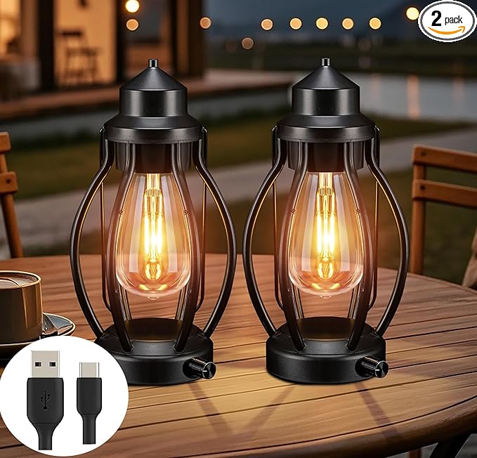 pearlstar Rechargeable Battery Operated Lantern 2 Pack Black Vintage Portable LED Decorative Camping Lamps Outdoor & Indoor, Dimming Warm Light with Timer, for Table Patio Garden Yard Pathway Porch