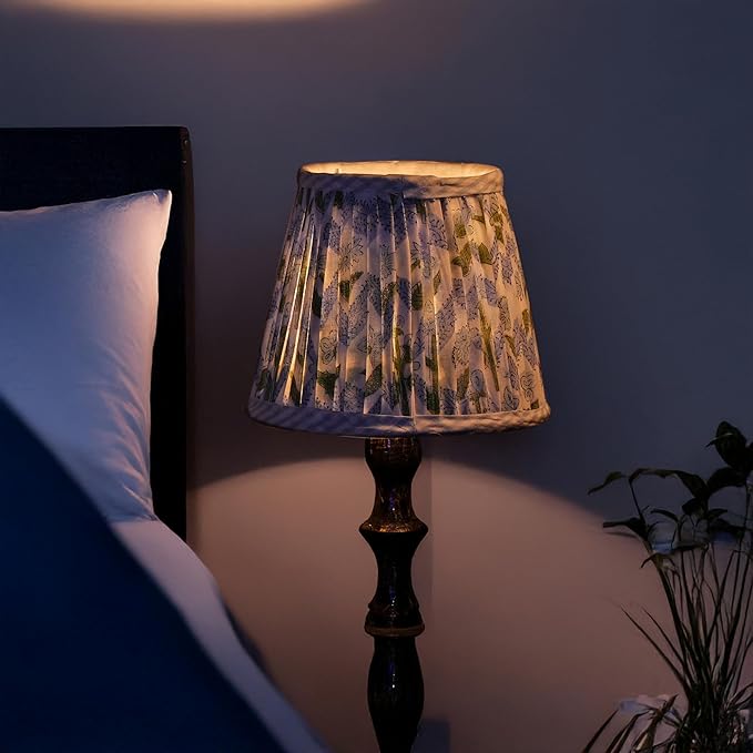 Ridhi Block Print Light Steel Blue Lamp Shade 4" Top x 5" Bottom x 6" Slant Set of 2 Handmade Pleated Cotton Lampshade, Fits E26/E27 Base Table Lamps Boho Vintage Decorative For Bedroom, Living Room