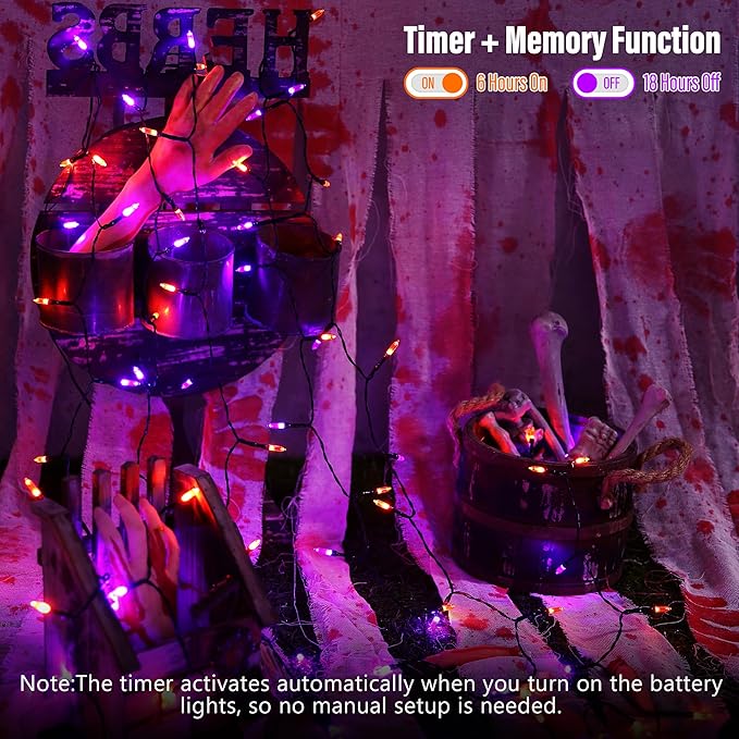 Lomotech Battery Operated Halloween Lights - 2 Pack Total 33ft 100 LED Orange Purple Battery Lights 8 Modes Waterproof with Timer for Home, Garden, Party, Holiday, Tree Decoration (Black Wire)