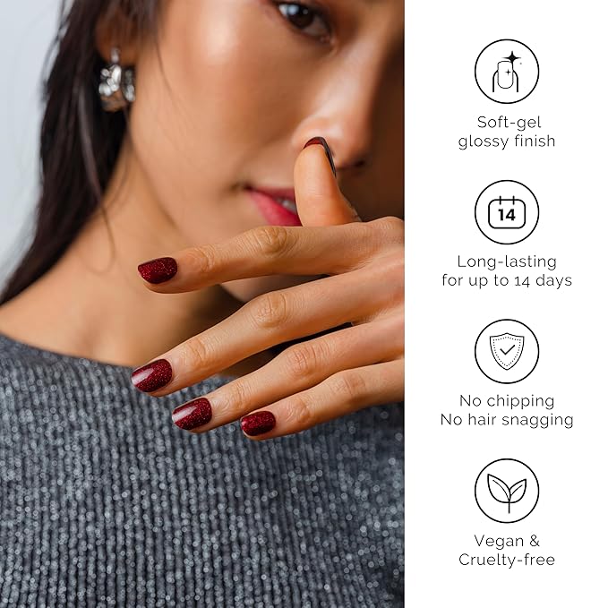 NAILOG Semi Cured Gel Nail Strips, 20Pcs Dark Red Gel Nail Stickers, Salon Quality Easy Apply & Remove Works with Any UV/LED Nail Lamps, Red Carpet