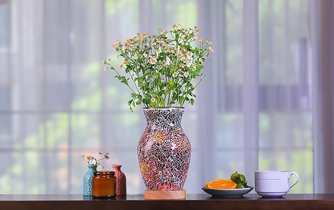 8-Inch Handcrafted Mosaic Cracked-Ice Vase Bedside Lamp with USB-Powered LED Wooden Base,Single-Switch Auto-Cycle RGB Mood Light, Ruby Red Vase USB Night Light for Party,Camping Decor