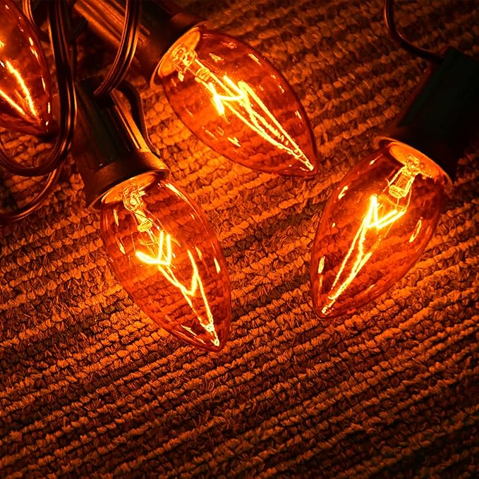 C9 Halloween String Lights, 25Ft Outdoor Orange String Light with 26 Clear Orange Bulbs(1 Spare), Halloween Lights for Indoor Outdoor Party Holiday Lighting Decor, Black Wire