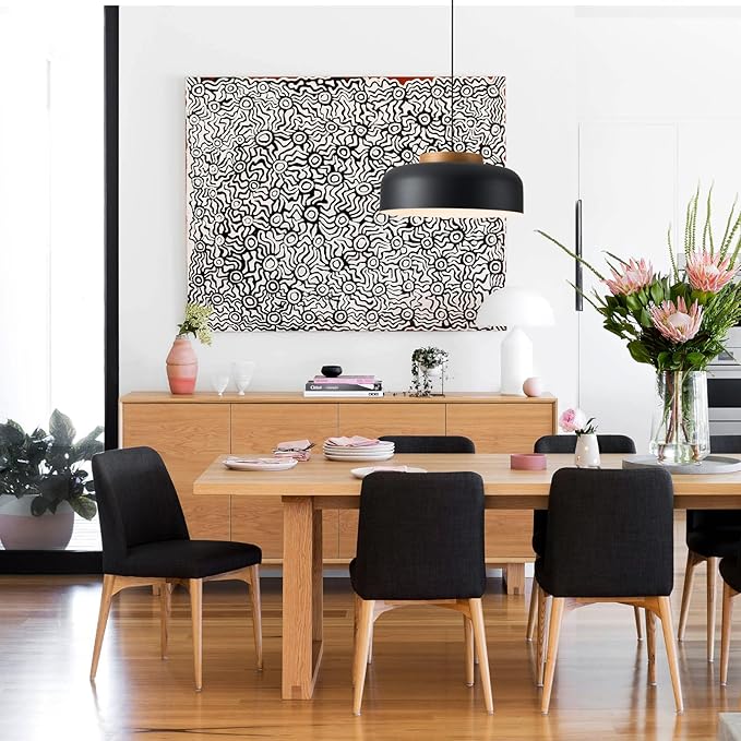 Modern Large Pendant Light Fixture, 17.7 inch,Natural Wood Cap, Matte Black Finish, Simple Pendant Lighting for Kitchen Island, Dining Room, Table