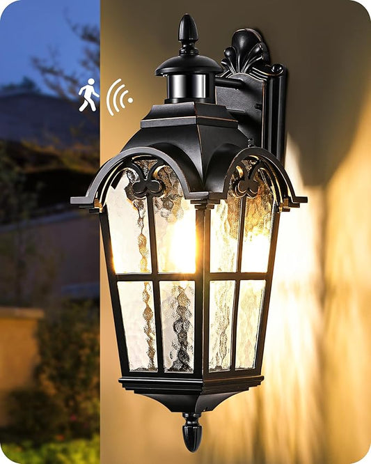 EDISHINE 20.2" Large Motion Sensor Outdoor Wall Lights, Dusk to Dawn Exterior Sconce with Water Ripple Glass, Waterproof Outside Porch Lighting Wall Mount Fixture for Front Door Garage
