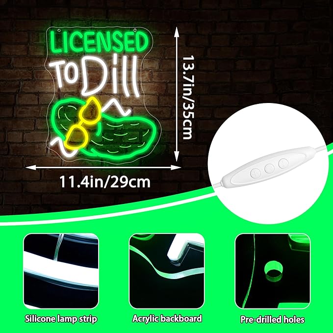 Licensed To Dill Neon Sign for Wall Decor Cartoon Pickle Neon Sign Dimmable Anime LED Light for Game Room Bedroom Party Pickle Bar Man Cave Birthday Gifts Size 13.7 * 11.4 Inch(TWP329)