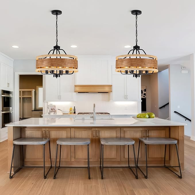 4-Light Farmhouse Boho Chandelier, 20" Wood Texture Woven Rattan Pendant Light, Adjustable Rustic Ceiling Fixture for Dining Room, Kitchen Island, Bedroom, Hallway, Office