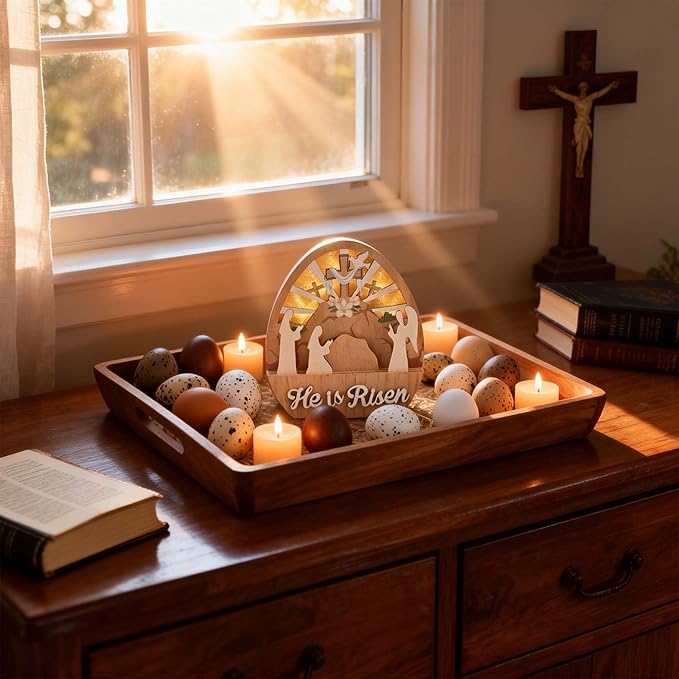Valery Madelyn Easter Decorations with LED Light, Lighted Empty Tomb Scene and Cross Decoration, Wooden Christian Easter Decor Resurrection Scene for Home Table Shelf, 6.3 inch