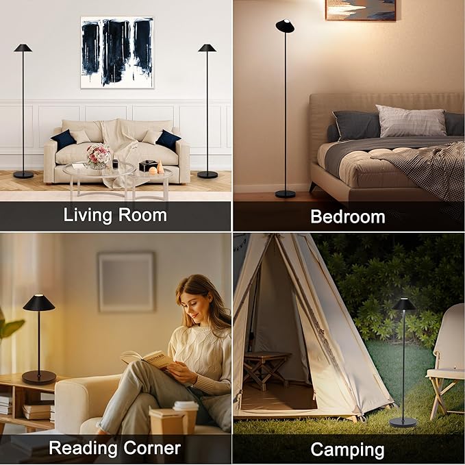 Rechargeable Floor Lamp for Indoor/Outdoor, Cordless Tall Standing Lamp with 3 Color Temps & Dimmable, IP43 Waterproof, Adjustable Height 16-59 Inch,LED Floor Lamp for Living Room, Patio(2 Pack)