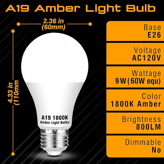A19 Amber Sleep Light Bulbs, 1800K Warm Light Bulb 60W Equivalent, Blue Light Blocking, 9W 800lm, E26 Bright Amber Light Bulb for Healthy Sleep, Bedroom, Porch, Patio Lighting, Non-Dimmable, 2 pack