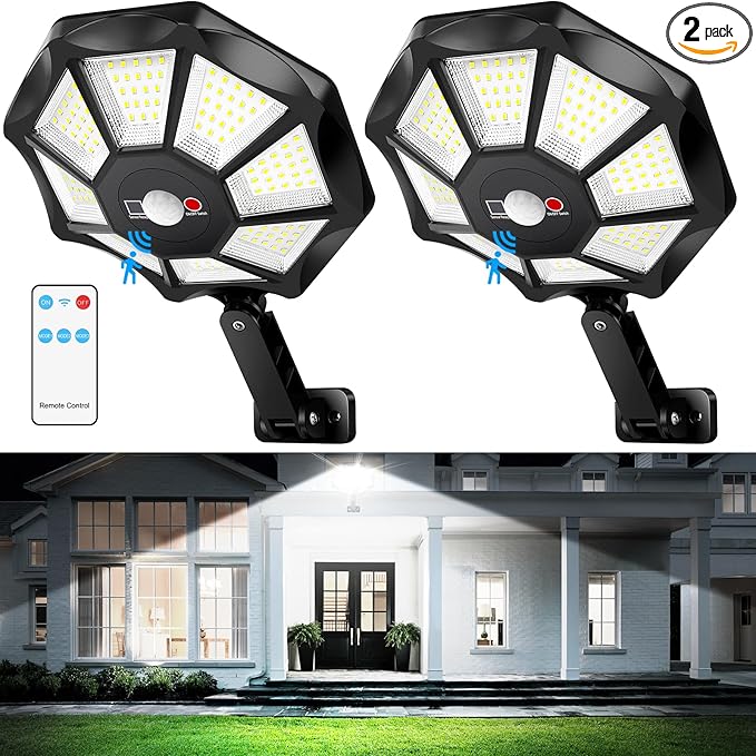 Solar Lights Outdoor Waterproof, 6500K 168 LED Flood Lights Outdoor Motion Sensor, Dusk to Dawn Solar Outdoor Lighting, Solar Powered Street Light with Remote for Outside Parking Lot Pool Yard, 2-Pack