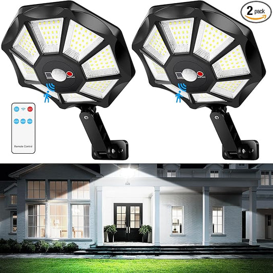 Solar Lights Outdoor Waterproof, 6500K 168 LED Flood Lights Outdoor Motion Sensor, Dusk to Dawn Solar Outdoor Lighting, Solar Powered Street Light with Remote for Outside Parking Lot Pool Yard, 2-Pack