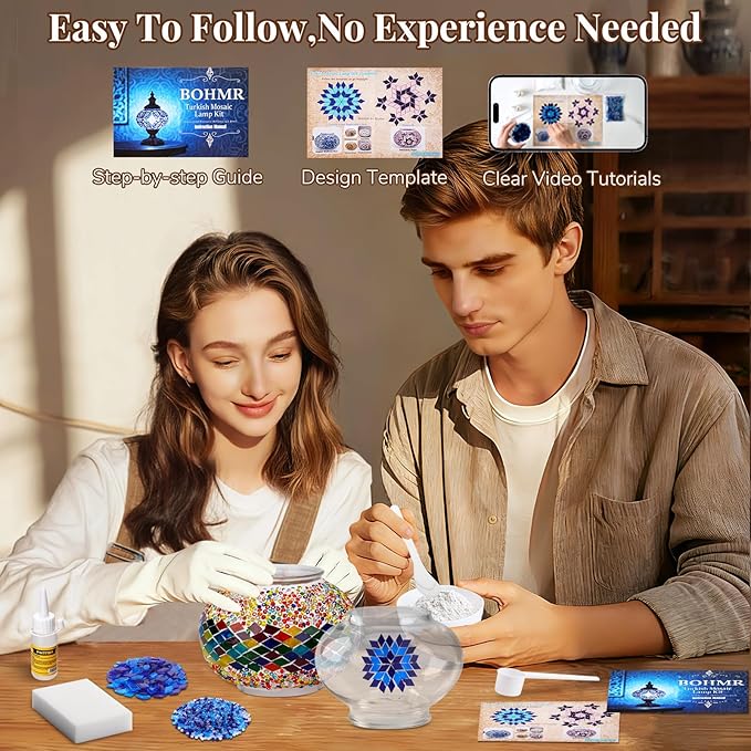 DIY Turkish Mosaic Lamp Kit, Stained Glass Table Lamp Making Kit- Easy and Fun, No Experience Needed, Mosaic Art & Craft Project Kits for Adults & Teens, Make Your Own Table Lamp, Multicolor