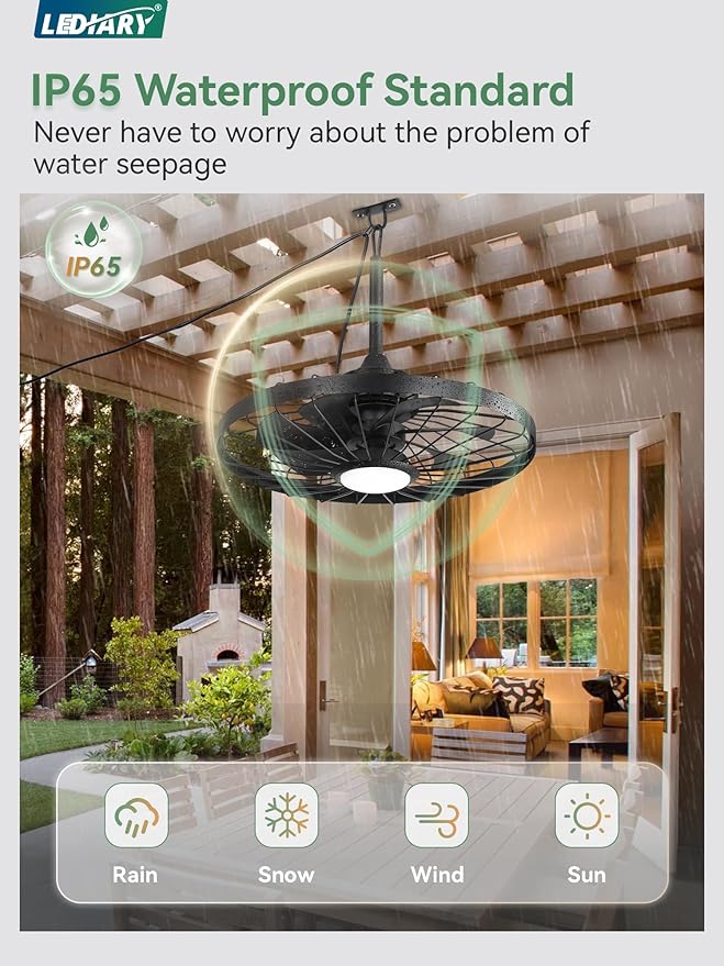 LEDIARY 24" Outdoor Ceiling Fan with Lights,IP65 Waterproof Gazebo Hanging Fan with Remote Control Smart App, Plug in Caged Ceiling Fan with 3CCT 6-Speeds for Patio Porch Pergola(Black)