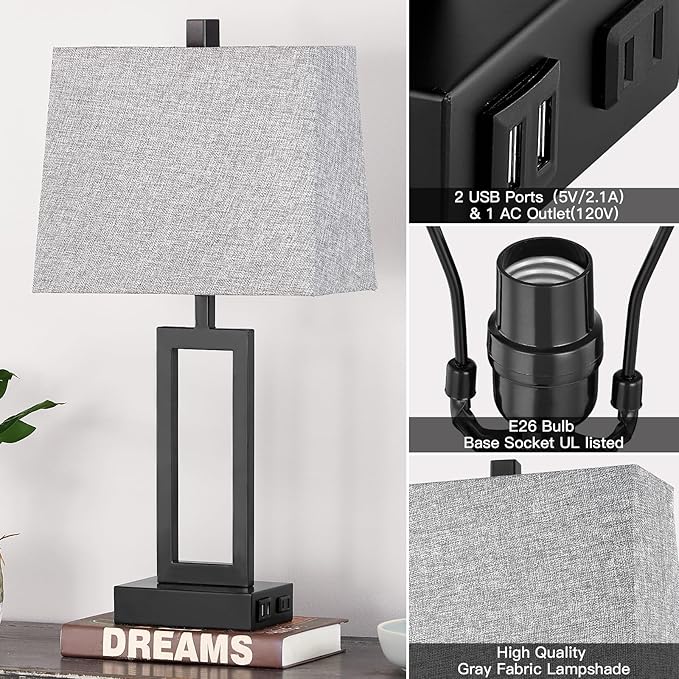 Touch Control Table Lamps Set of 2, Modern Bedside Lamps with USB A+C Ports & AC Outlet, 3 Way Dimmable Contemporary Nightstand Lamps for Bedroom Living Room Gray(LED Bulb Included)