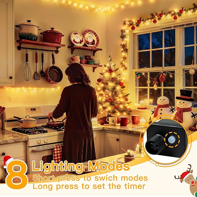Ollny Christmas Lights 200LED 60FT Indoor, Warm White Connectable Plug in String Light Outdoor, 8 Modes Waterproof Timer LED Fairy Lights for House Outside Bedroom Patio Balcony