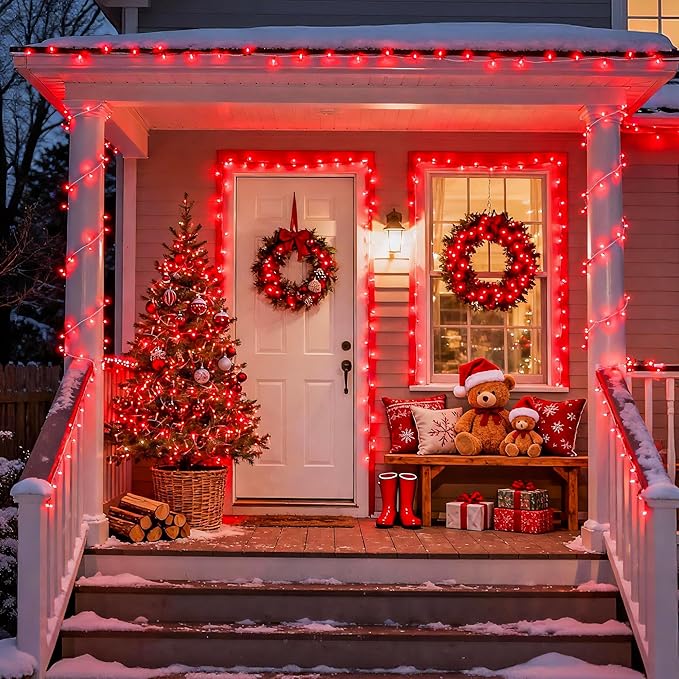 JMEXSUSS 33ft 100 LED Red Valentine Lights, Connectable 8 Modes Valentine Room Light Indoor Plug-in, Clear Wire Red Christmas String Light Outdoor Waterproof for Xmas Bedroom, Party