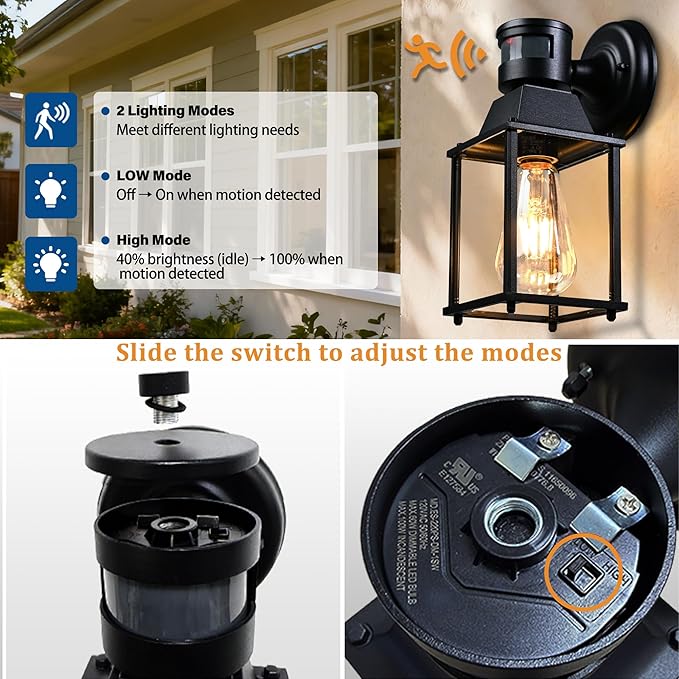 COTTAGE LIFE Motion Sensor Outdoor Wall Light Fixtures, 2 Pack Black Exterior Wall Sconces, Waterproof Outdoor Porch Lights for Front Door, Garage, Patio, Entryway