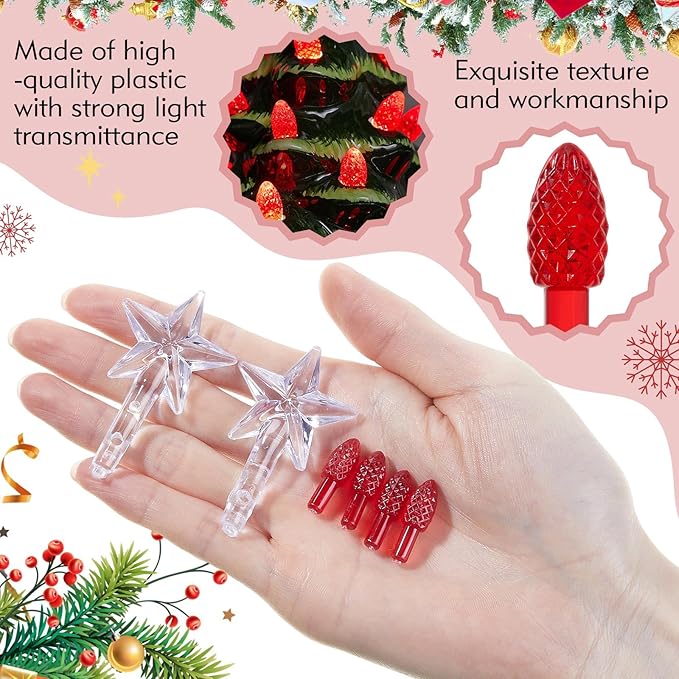Boao 100 Pieces Ceramic Christmas Tree Bulbs and 5 Stars Replacement Plastic Bulbs for Ceramic Christmas Tree Decorations (4 mm Diameter,Red)