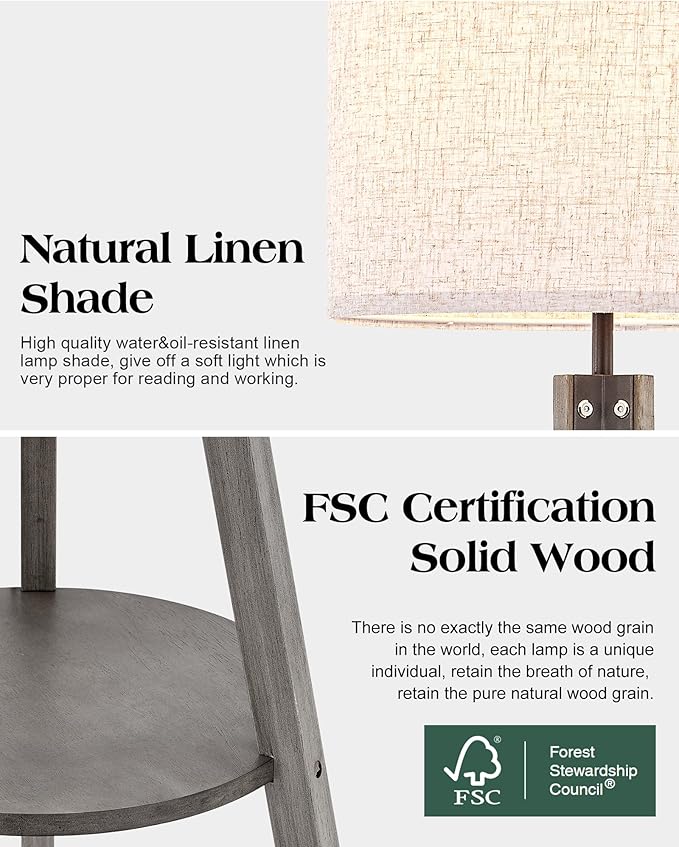 ELYONA Farmhouse Wood Tripod Floor Lamp with Table, Modern Reading Standing Lamp with 3 Color Temperatures LED Blub & Linen Shade, Shlef Coner Light for Living Room, Bedroom, Study Room, Office, Grey