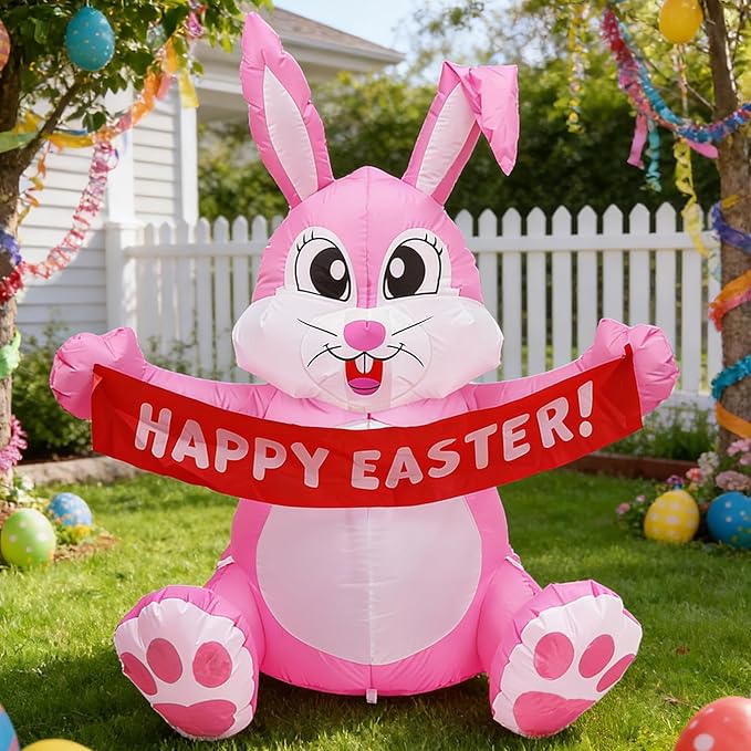 Dearsun 5FT H Adorable Easter Inflatable Bunny Holding a Banner, Easter Bunny Blow up Yard Decorations Giant Pink Bunny with LED Lights for Holiday Party Indoor Outdoor Décor
