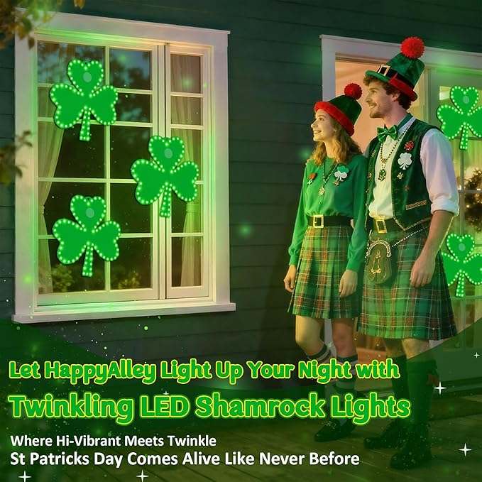 3 Pack 10" St Patricks Day Classics Twinkling LED Shamrock, Hi-Vibrant Aluminum Frame Green Irish Clover Window Silhouette LED Lights, Holiday Waterproof Indoor Outdoor Decoration