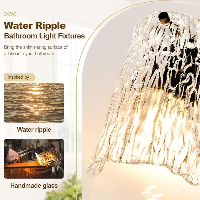 Bathroom Light Fixtures, 3-Light Vanity Lights with Water Ripple Glass Shade, Modern Black Bathroom Lights, Vanity Wall Lamp for Mirror (19.5in)