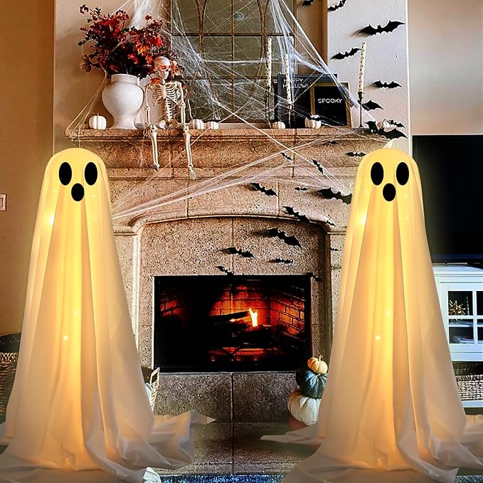 Halloween Decorations Outdoor -DIY 2PCS Large Lighted White Cloth Ghosts-Cute Ghosts with 30 LED String Lights-Light Up Holiday Party Home Porch Yard Decorations