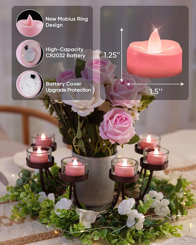LED Candles, 24 Pack Tea Lights Candle Battery Operated, Flameless Tealight Votives, Realistic Tea Lights for Wedding Home Party Decor -D 1.5" x H 1.25" -Pink Light
