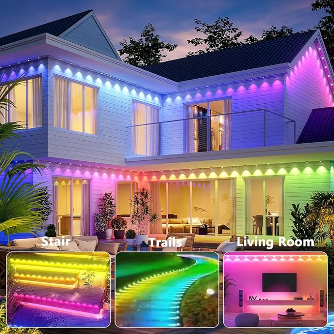 Permanent Outdoor Lights - 100FT Smart Outdoor Eaves Light with App/Remote Control,Music Synchronization, IP67 Waterproof, LED Eaves Lights for Patio/Eave/Party Decorations (100FT)