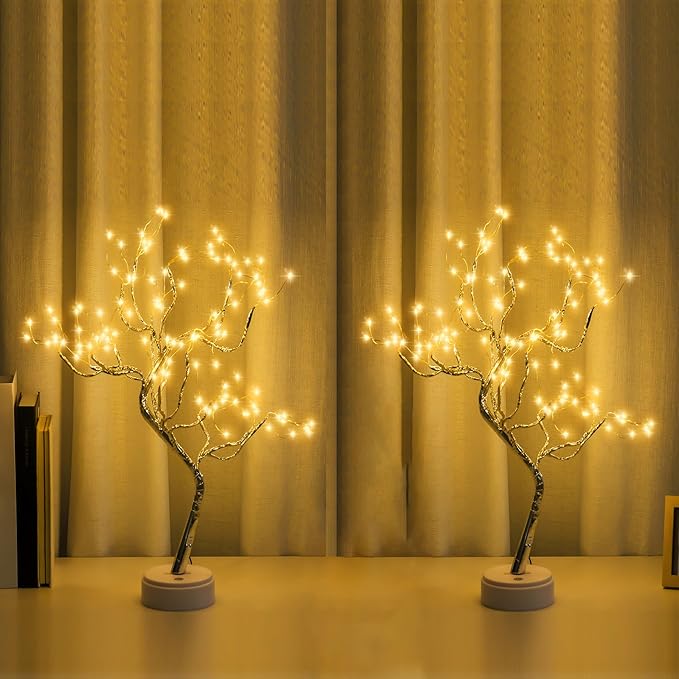 2 Pack Room Decor, 20" 108 LED Tabletop Bonsai Tree Light, DIY Artificial Tree Lamp, Battery/USB Operated, Aesthetic Lamps for Living Bedroom Christmas Home Gifts Decor (Warm White)