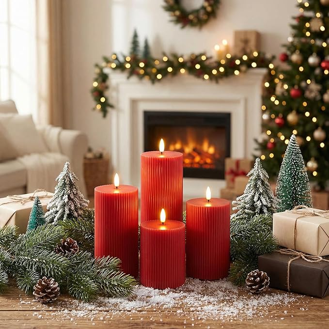 Red Ribbed Flameless Pillar Candles with Remote, Flat Top Flickering LED Wax Candles Battery Operated Set of 4