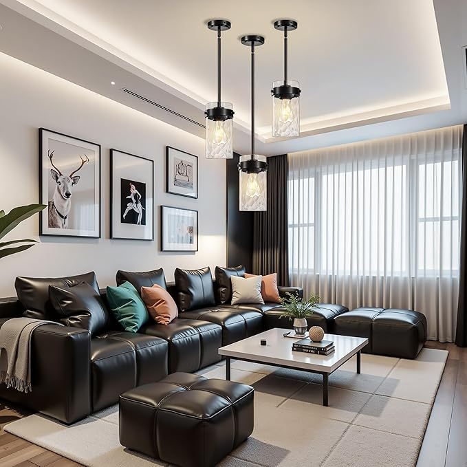 4.72" Hammered Glass Pendant Lighting for Kitchen Island 1 Pack, Modern Black Pendant Light Fixtures, Adjustable Ceiling Pendant Light for Kitchen Island Dining Room Bedroom Hallway