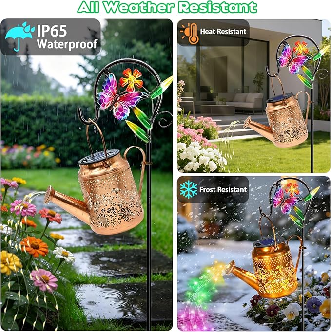 ANGMLN Butterfly Solar Lights Outdoor Waterproof, Birthday Gifts for Mom Grandma Women, Solar Watering Can Lights with Shepherd Hook, Metal Hanging Lantern Garden Decor Yard Outside Patio Lawn