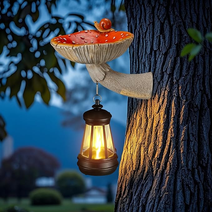 Mushroom with Snail and Lantern Cute Solar Statue Light Garden Decoration Resin Decoration Painted Design Craft Ornament for Indoor Outdoor Gift(Red)