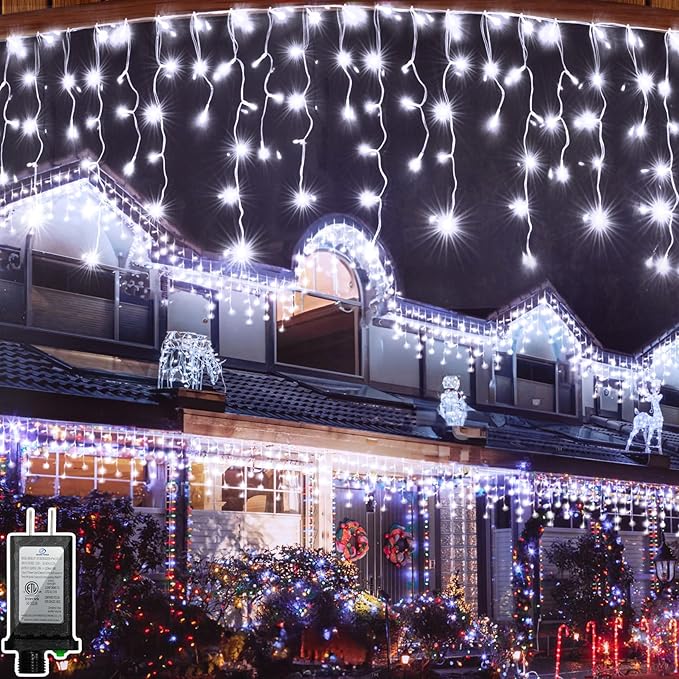 132FT 1332 LED Outdoor Christmas Lights - 296 Ice Drops, 12 Pro Modes with Timer Memory & Brightness, Waterproof Hanging Ice String Light for Holiday Wedding Garden Fence House Decor (Cool White)