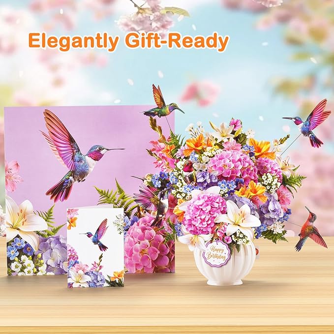 Pop Up Birthday Card with Music & Lights, 3D Pull-Out Flying Hummingbird Flower Bouquet Greeting Card, Elegant Floral Birthday Keepsake Gift with Envelope for Women Wife Mom Sister Friends Her