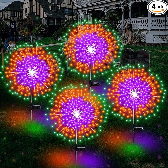 4th of July Decorations Outdoor 4 Pack Colored Solar Firework Lights with 180 LED Patriotic Solar Lights 8 Lighting Modes for Yard Pathway Garden Patio Party Decorations(Green, Orange, Purple)