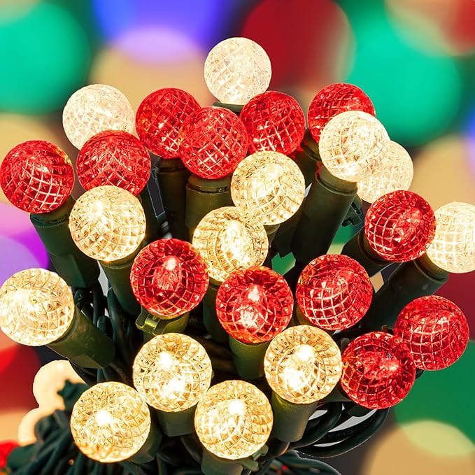 BOHON Christmas Lights Outdoor Faceted G15 50 LED 17ft Plug in Mini Globe String Lights Waterproof Extendable Green Wire for Indoor Patio Xmas Thanksgiving Tree Decoration Red and Warm White