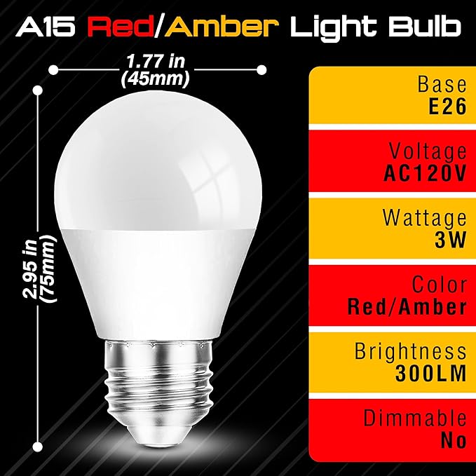 Amber and Red Light Bulbs 25-40W Equivalent, 1800k Amber Sleep Light Bulb, 625nm Red Night Light, 3W 300lm, E26 Base for Bedroom Healthy Sleep Porch Party Holiday Lighting, Non-Dimmable(1 Amber+1 Red)