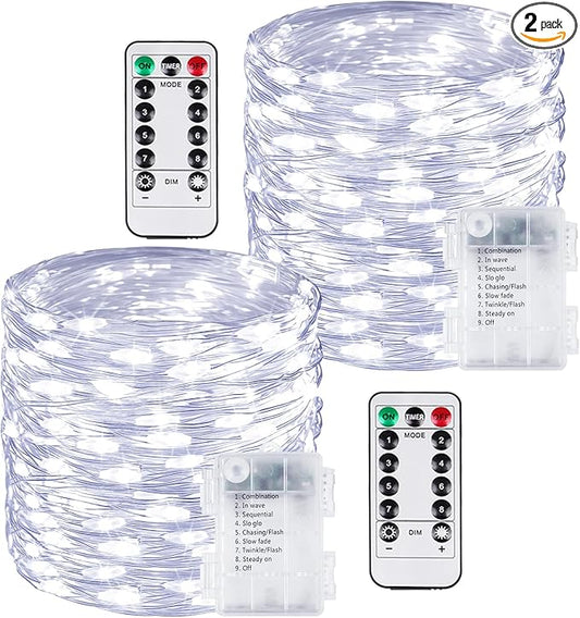 2 Pack 200LED Christmas Battery Operated Fairy Lights with Remote, 8 Modes String Lights with Timer, Dimmable, Memory Function, Waterproof Twinkle Lights for Outdoor Indoor Christmas Decor(Cool White)