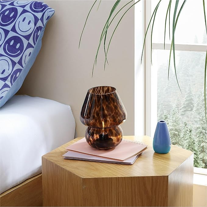 Urban Lifestyle 8" Brown Tortoise Glass Mushroom Lamp, Modern Retro Table Lamp for Bedroom, Living Room, or Office Décor,Battery Powered